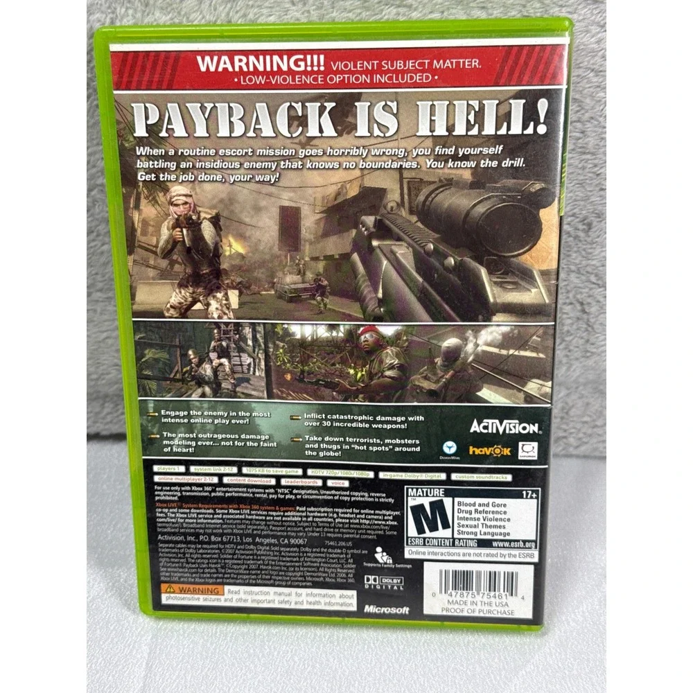 Activision Soldier of Fortune Payback Xbox 360 Game Green FPS Shooter NTSC